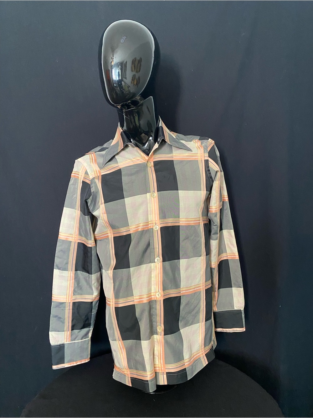Vintage Men's Black and Gray Plaid Button-Down Shirt with Peach Accents